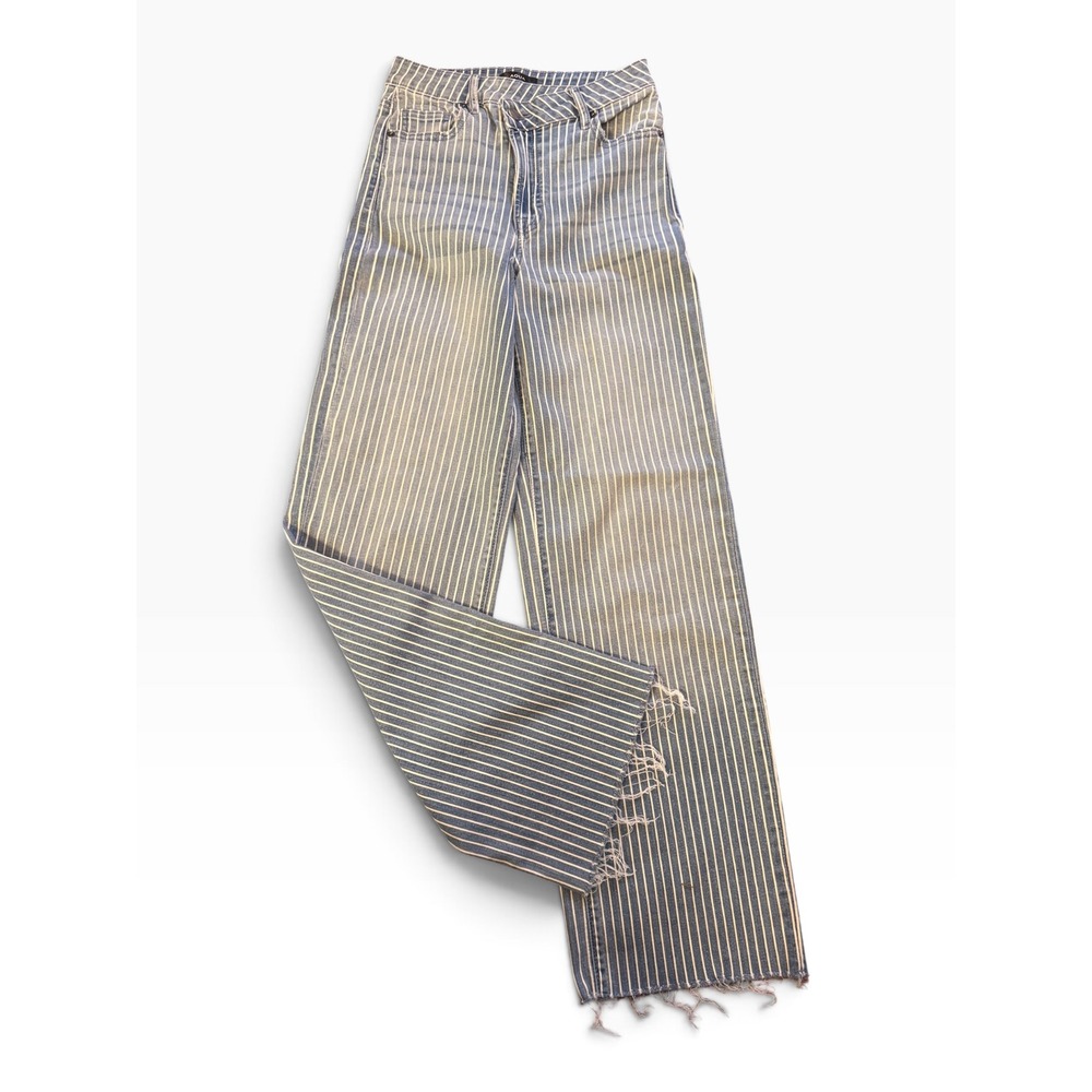Aqua Pinstripe Wide Leg Jeans High Rise Raw Hem Blue White Striped Size 25